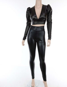 Xtina Black Faux Shinny Leather Puff Sleeve Top