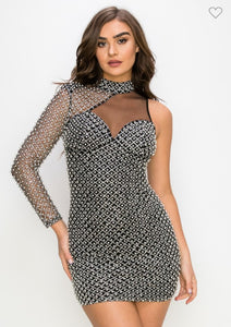 Alexa Rhinestoned Pearl Stud One Shoulder Mini Dress