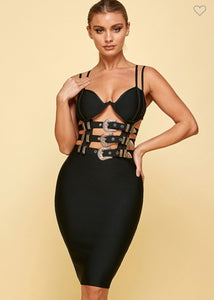 Gia Belted Black Bandage Midi Dress