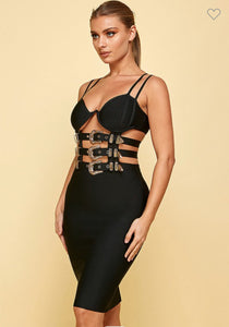 Gia Belted Black Bandage Midi Dress