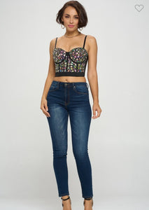 Ruby Embellished Gems Bustier Top - Black/Multi