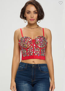 Ruby Embellished Gems Bustier Top - Red/Multi