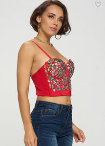 Ruby Embellished Gems Bustier Top - Red/Multi