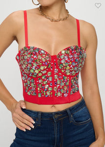 Ruby Embellished Gems Bustier Top - Red/Multi