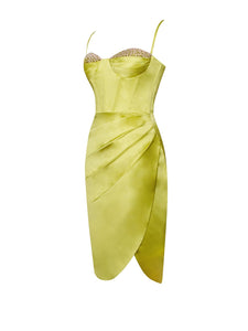 Nyla Satin Corset Dress with Crystals - Lemon