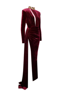 Zenaida Cutout Velvet Gown - Burgundy