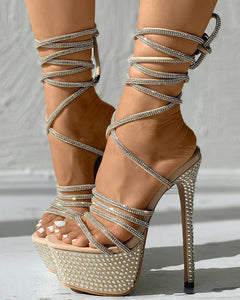 Foxxy Diamond Lace Up Plarform Heels - Nude