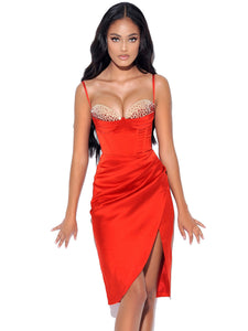 Nyla Red Satin Corset Dress With Crystals