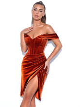 Omaria Tan Off Shoulder Velvet Corset Dress