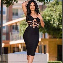 Gia Belted Black Bandage Midi Dress