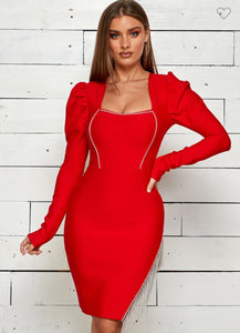 Lily Bandage Rhinestone String Dress - Red