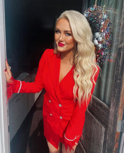 Quenna Feather Blazer Dress - Red & Black