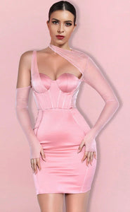 Everlee Blush Mesh Sleeve Satin Corset Dress