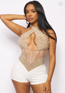 Becky Rhinestone/Pearl Crisscross Romper - Nude/White