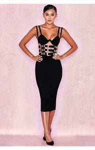 Gia Belted Black Bandage Midi Dress