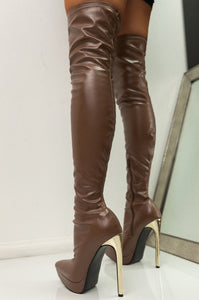 Leyla Over The Knee Platform Heel Boots - Chocolate