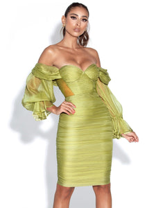 Sirene Silk Off Shoulder Midi Dress - Olive