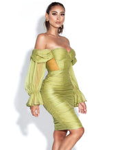 Sirene Silk Off Shoulder Midi Dress - Olive