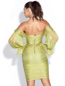 Sirene Silk Off Shoulder Midi Dress - Olive